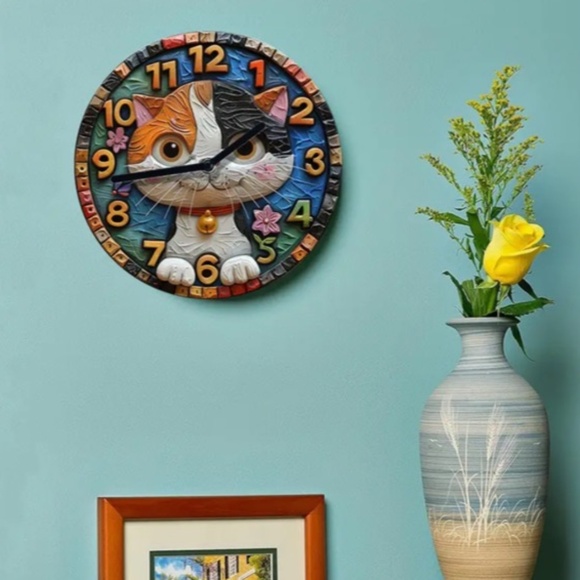NIB! Adorable Black, Orange and White Cat Clock! - Picture 2 of 6
